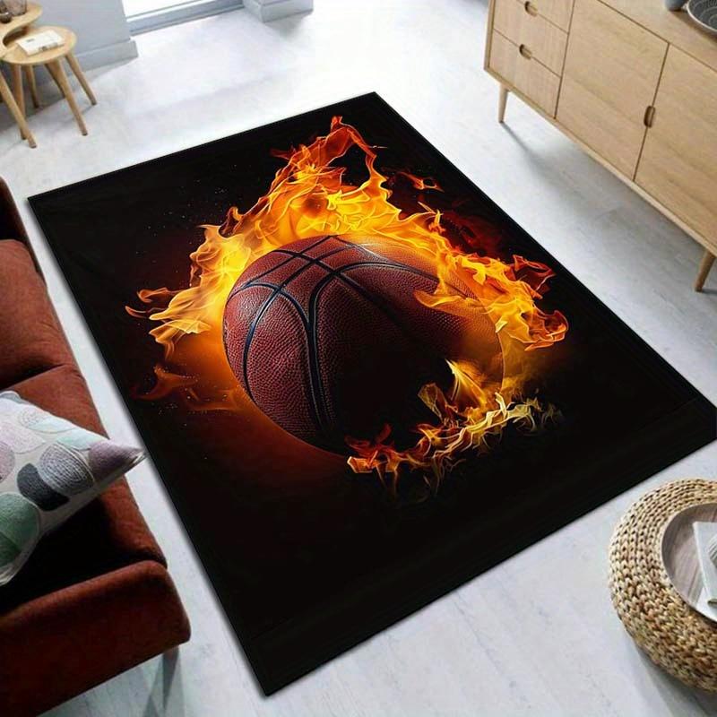 Flaming Basketball Rug Sports Fan Gift Ideas Game Room Accessories  Anti Slip Carpet Can Be Machine Washed