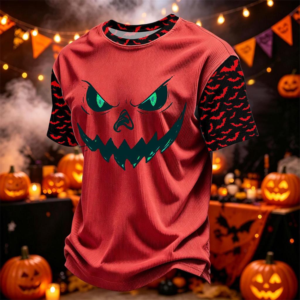 Men's Casual Corduroy Short Sleeve Crew Neck Lightweight Breathable Top Halloween Print Design Comfortable Fit