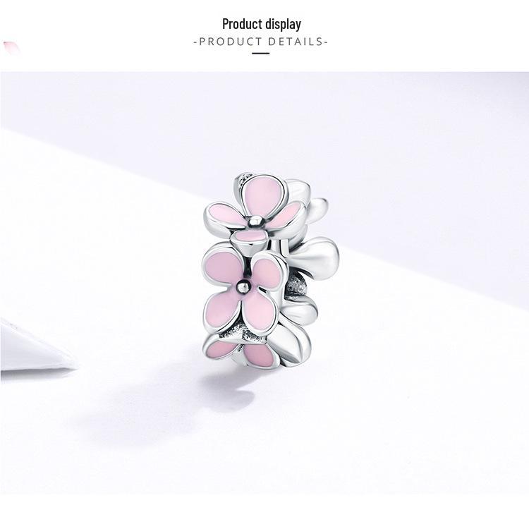 Sterling Silver Pink Four-Leaf Flower Beaded Bracelet Spacer Jewelry
