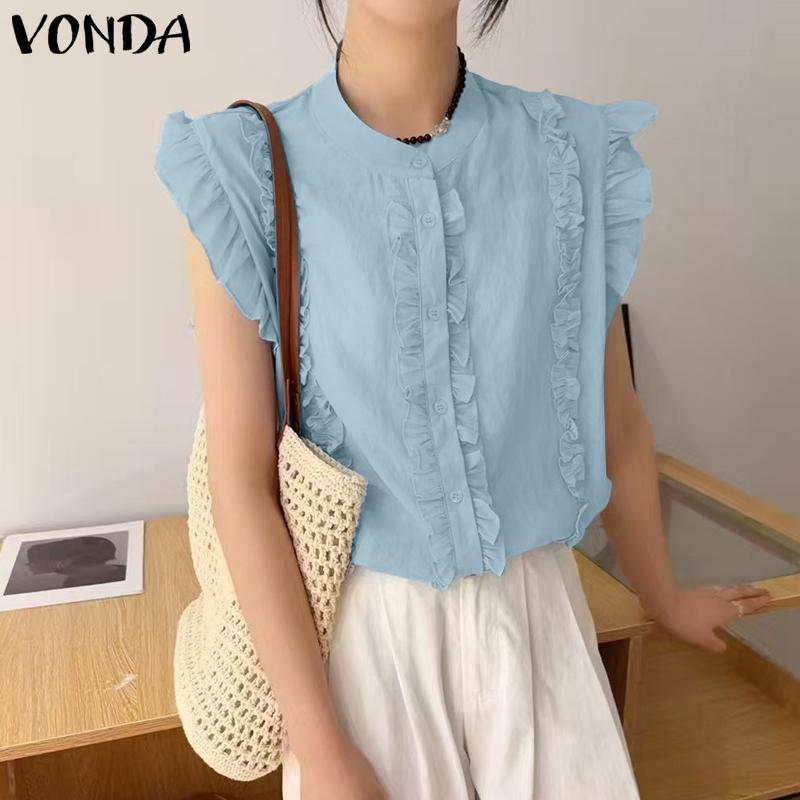 VONDA Women Sleeveless Ruffled Casual Pleating Tank Tops