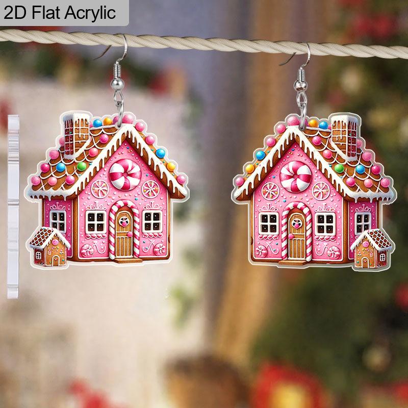 2D Flache Rosa Lebkuchenhaus Hängeohrringe, Leichtes Acrylmaterial, Ideale Wahl für Partygeschenke und Schmuckgeschenke.