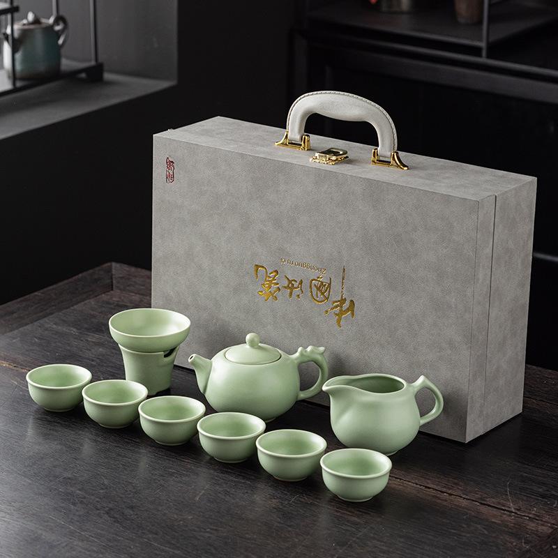 Ru kiln tea set, business side gift, customer souvenir gift box, a complete set of covered bowl teacups