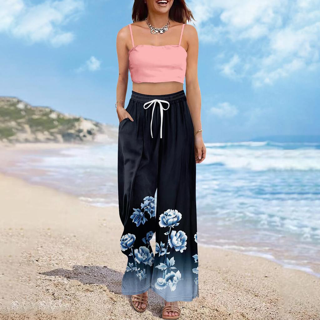 Women Summer Boho Palazzo Pants High Waist Wide Leg Floral Printing Casual Trousers With Pockets