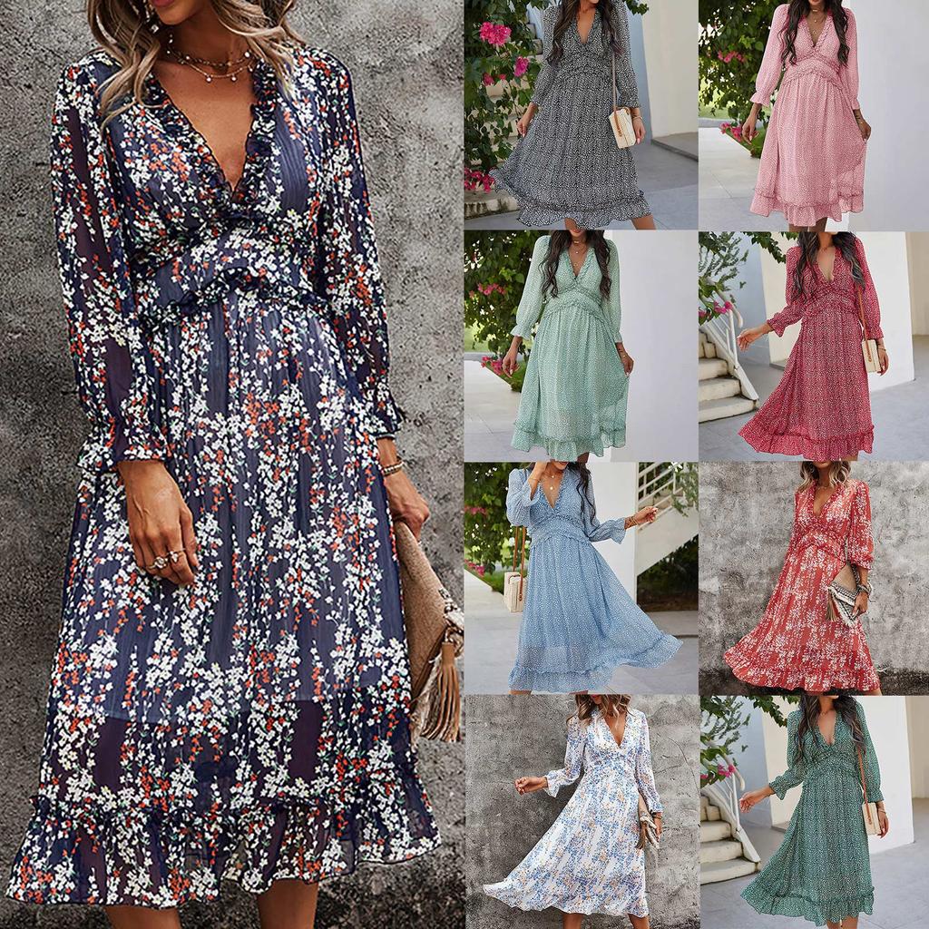 Women's Fashion Sexy Slim Casual V-Neck Chiffon Floral Dress