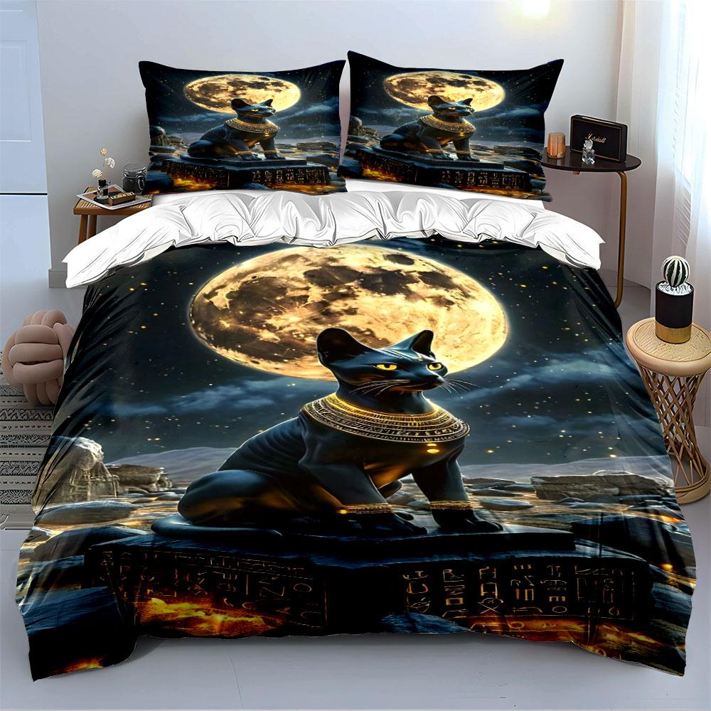 Egyptian Cat Statue Under Moon Bedding Duvet Cover Set (1*Duvet Cover 2*Pillowcases, without duvet insert)