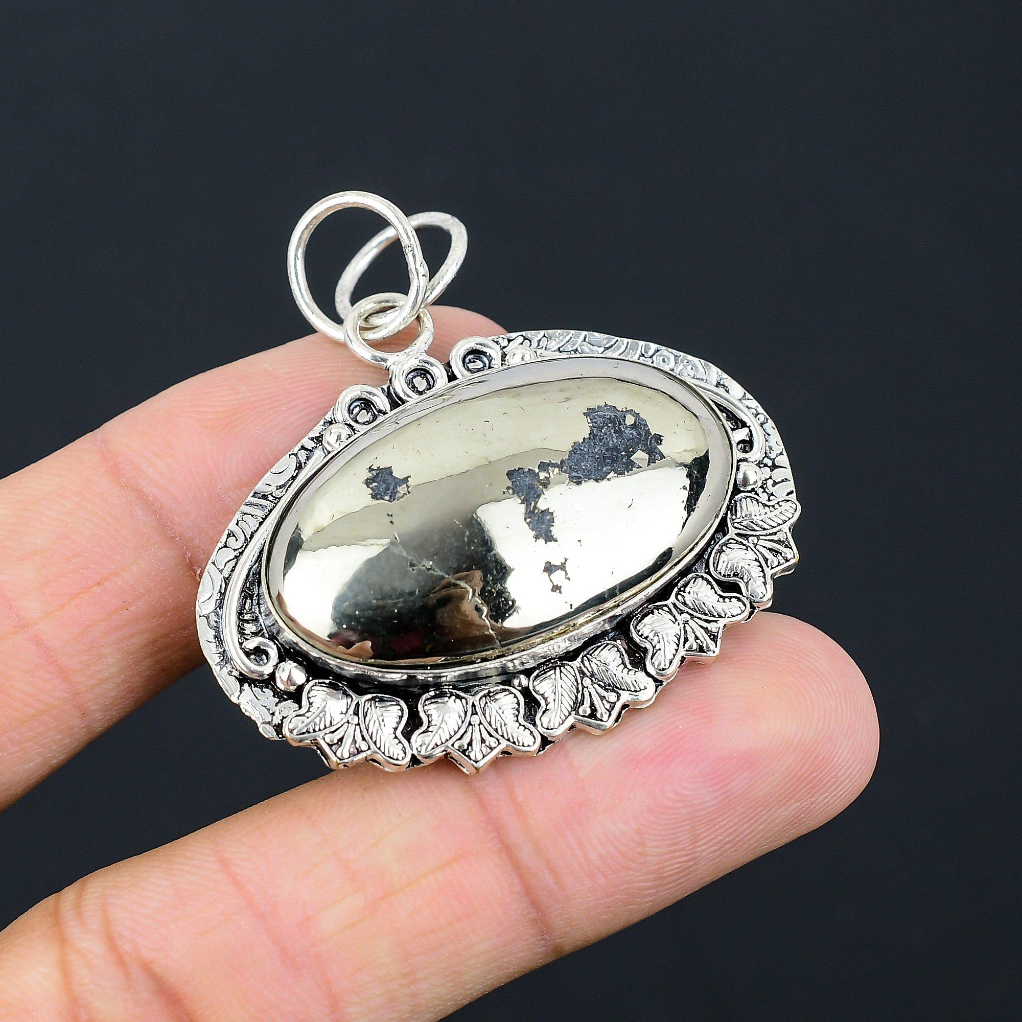Daughters Day Deal Sterling Silver Oval Pyrite Stone Mother Boho Pendant Jewelry