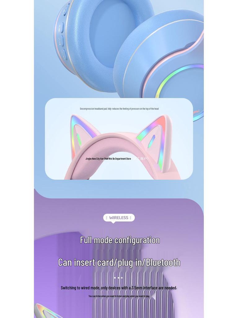 Wireless Bluetooth Cat Ear Headphones - Noise Cancelling, Over-Ear, Gaming & Music for Kids & Computers