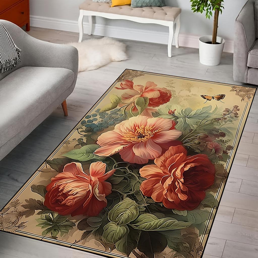 Chinese Peony Printed Rug Non-Slip Washable Polyester Mat, Floral Decor for Bedroom,Living Room, Garden, Camping Indoor/Outdoor