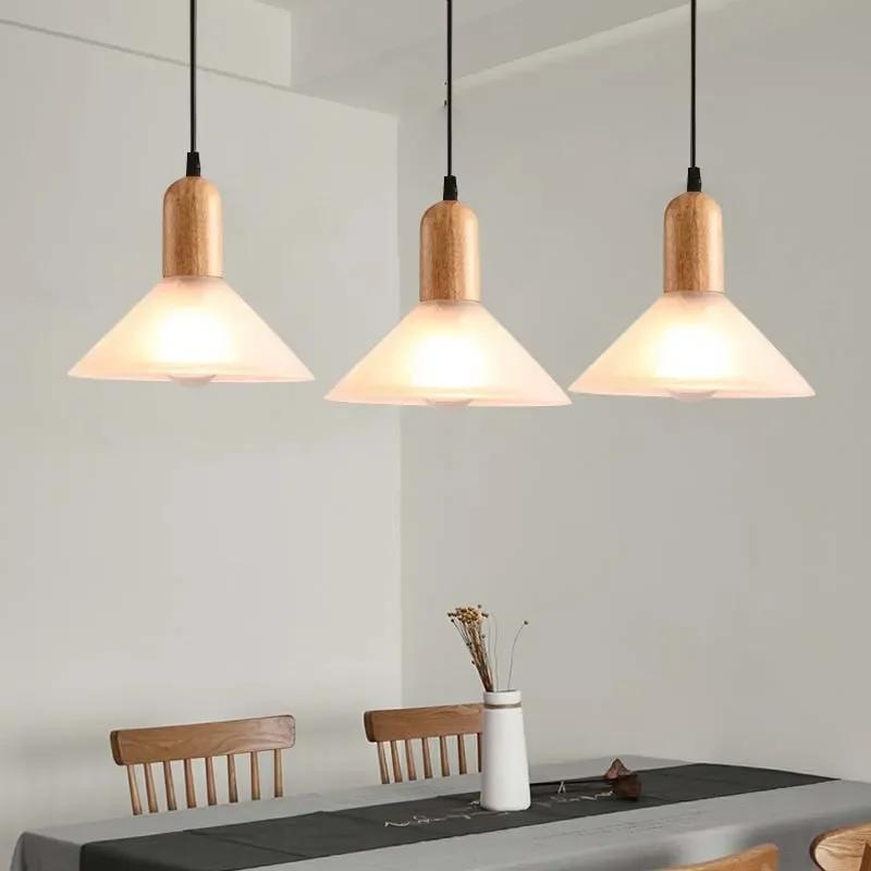 LED Nordic Glass Pendant Light Modern Wooden 1-3 Heads  Hanging Lamp Dining Room Living Room Bedroom Coffee Indoor Decor Fixture