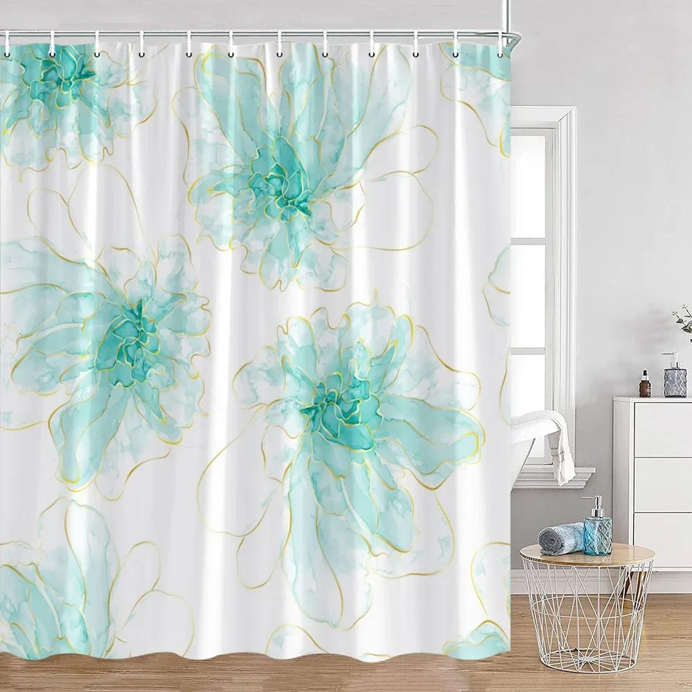 Simple Style Flower and Leaf Shower Curtain Golden Line Abstract Bathroom Decoration Modern Polyester Fabric Shower Curtain