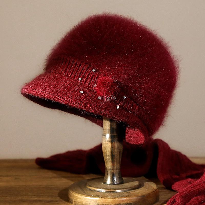 

Осенне-зимняя женская вязаная шапка с утолщенными ушками, теплая шапка для мамы, шапка из смесовой шерсти с кроличьим пухом, для выхода на улицу в холод Average size темно-красного