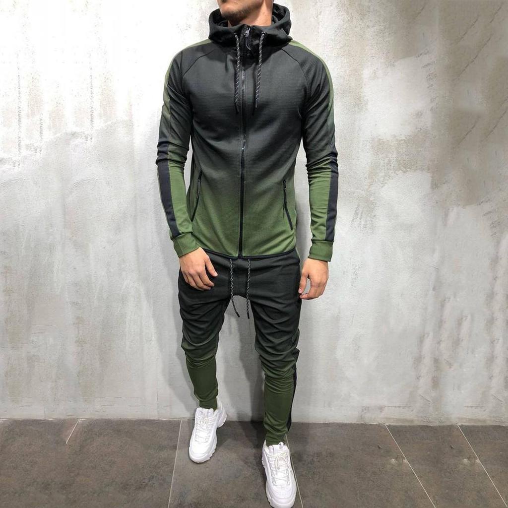 Men's Spring &  Round Neck Hooded Colour Blocking Cardigan Sweatshirt Suit