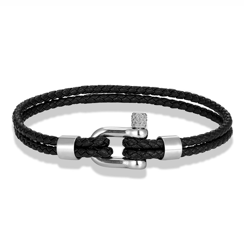 MKENDN Black Stainless Steel Shackle Bracelet Double Layer Blue Leather Handmade Nautical Jewelry for Men Women