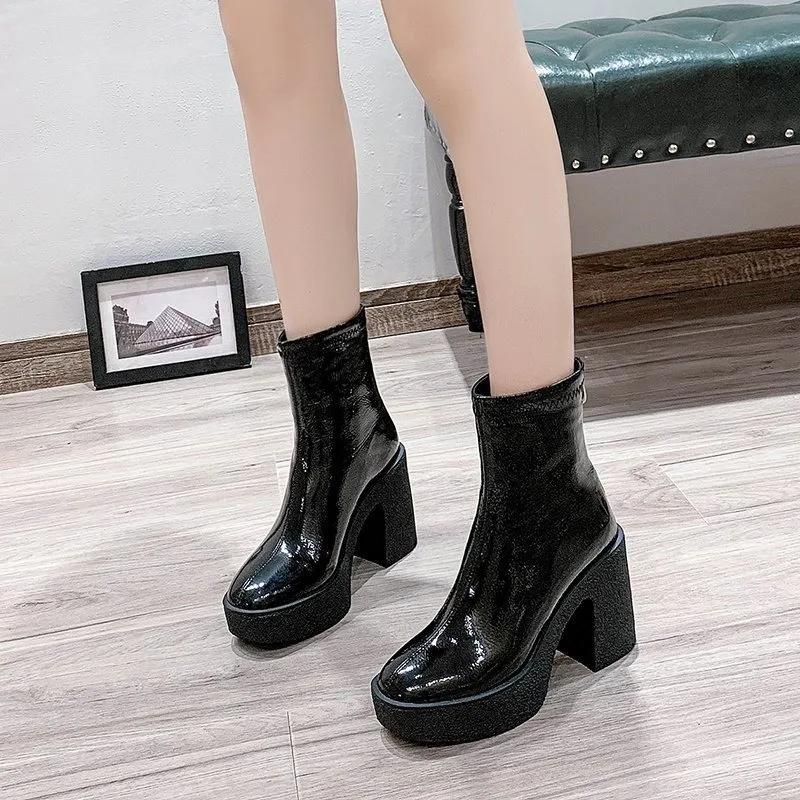 Platform Women Ankle Boots Leather Fashion High Heels Shoes  Trend Designer Classic Chunky New Pumps Goth Winter Botas Mujer