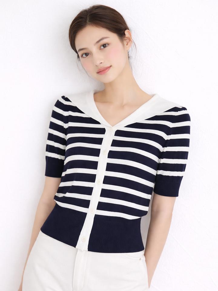 Sally Striped Sailor Collar Short Sleeve Knit_I5B-Ckn003 Navy/Free