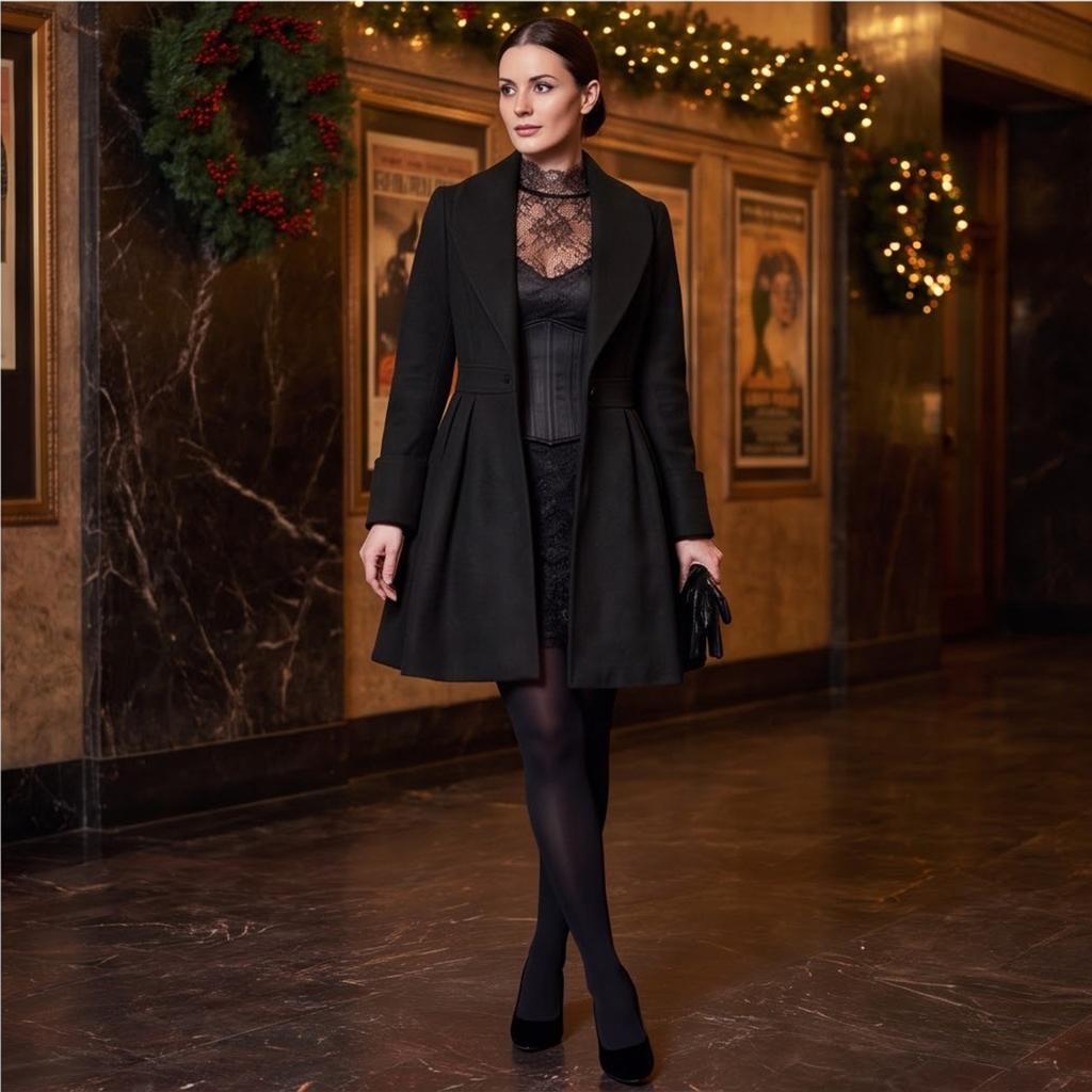 Women's Fall Winter Long Wool Pleated Coat with One Button Closure Outerwear
