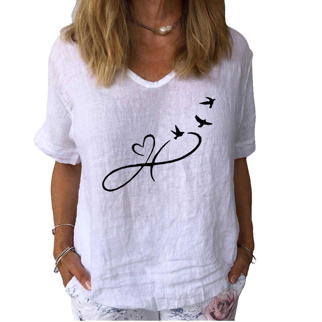 

Женская модная хлопковая льняная футболка, повседневная футболка с V-образным вырезом и коротким рукавом, женская футболка с принтом 2XL белый