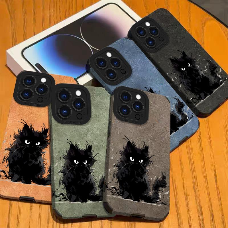 Μαύρη Γάτα Δερμάτινη Θήκη Κινητού για iPhone 17 Pro Max Air 16 15 14 13 12 11 Pro Max Plus X XS MAX XR Σκληρό Πίσω Κάλυμμα