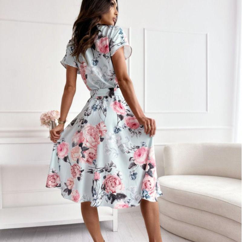 Sweet Summer New V Neck Big Flower Print Lace-up Single-Breasted A- line Short Sleeve Mid Length Long Length Dress Women Dress
