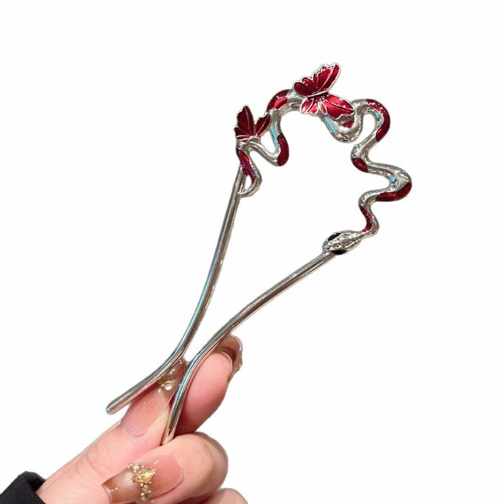 Snake Hairpin Vintage Advanced Sense Chinese Style Hair Stick Metal Flower Hair Pin Plate Hair Retro Hair Clip Hair Accessory
