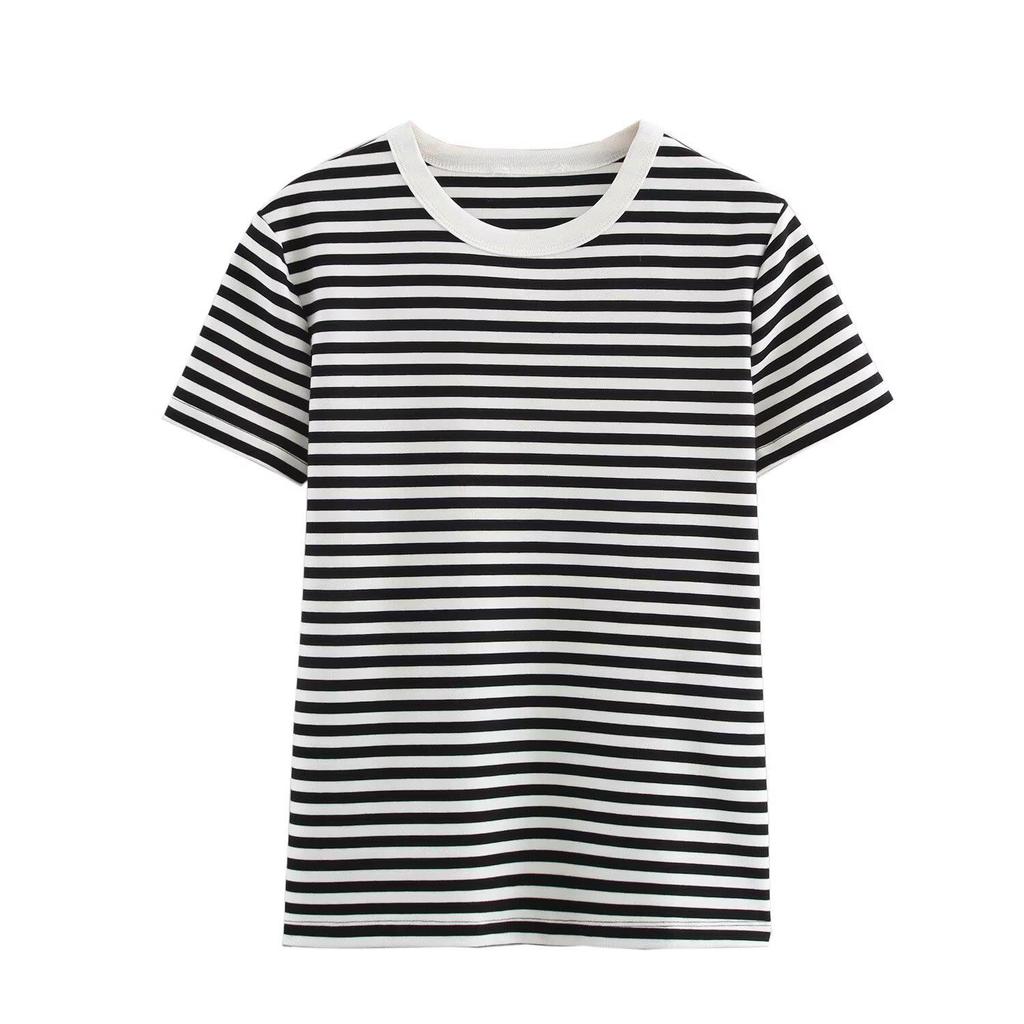 2025 Spring Women’s Color Block Striped Short-Sleeve Round Neck Top
