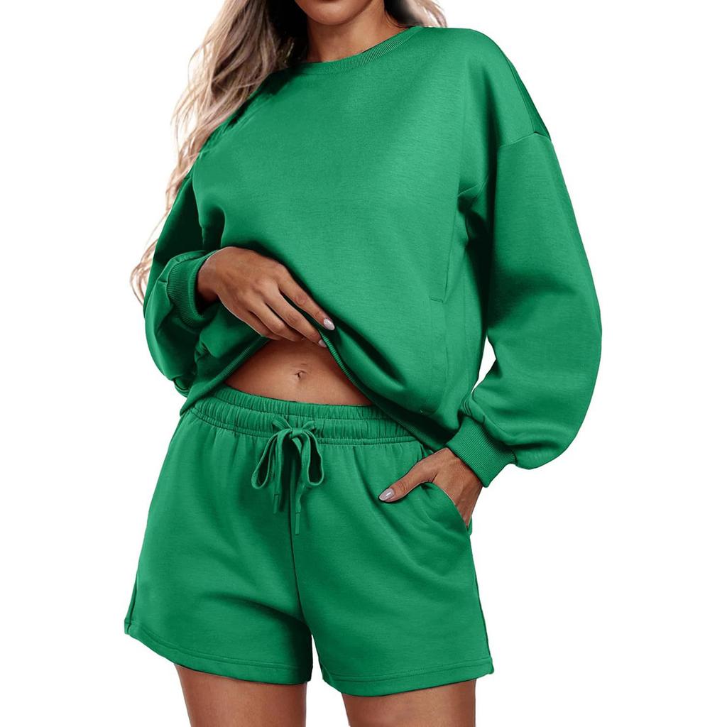 Women's Fashion Sportswear Casual Long-Sleeved Pullover Sweatshirt Drawstring Shorts Set