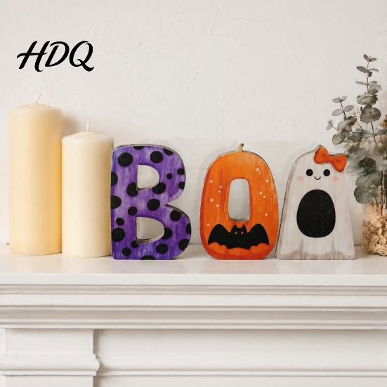 Playful Halloween Desktop Decorations Wooden BOO Ornaments, Lettering Decorations, Rustic Bat Pumpkin Ghost Freestanding Wood Block Set Table