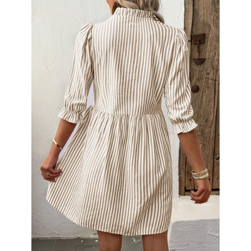 Women's Fashion Summer Spring Stripe Print 1/2 Sleeves O-Neck High Waist Casual Dresses