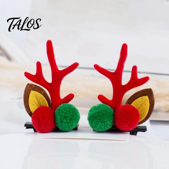 Holiday Party Hair Accessory 1 Pair Reindeer Antler Clips for Christmas Fluffy Ear Headband with Ears Clip Pom Poms Festive Girls Accessories