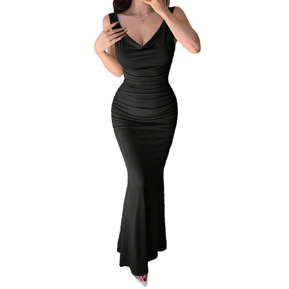 European and American suppliers women's dress summer black sexy backless V-neck waist temperament long fishtail skirt
