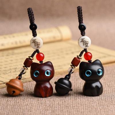 Wooden Cat Figurine Decor Miniature Cute Bell Lucky Cat Ornament Creative DIY Keychain Pendant Accessories Gifts for Couples