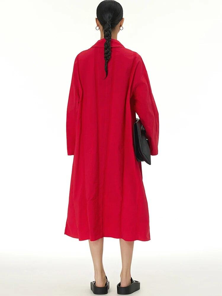 Xitao Solid Color A-line Dress Simplicity Pocket Decoration Casual Single Breasted Women DMJ3854