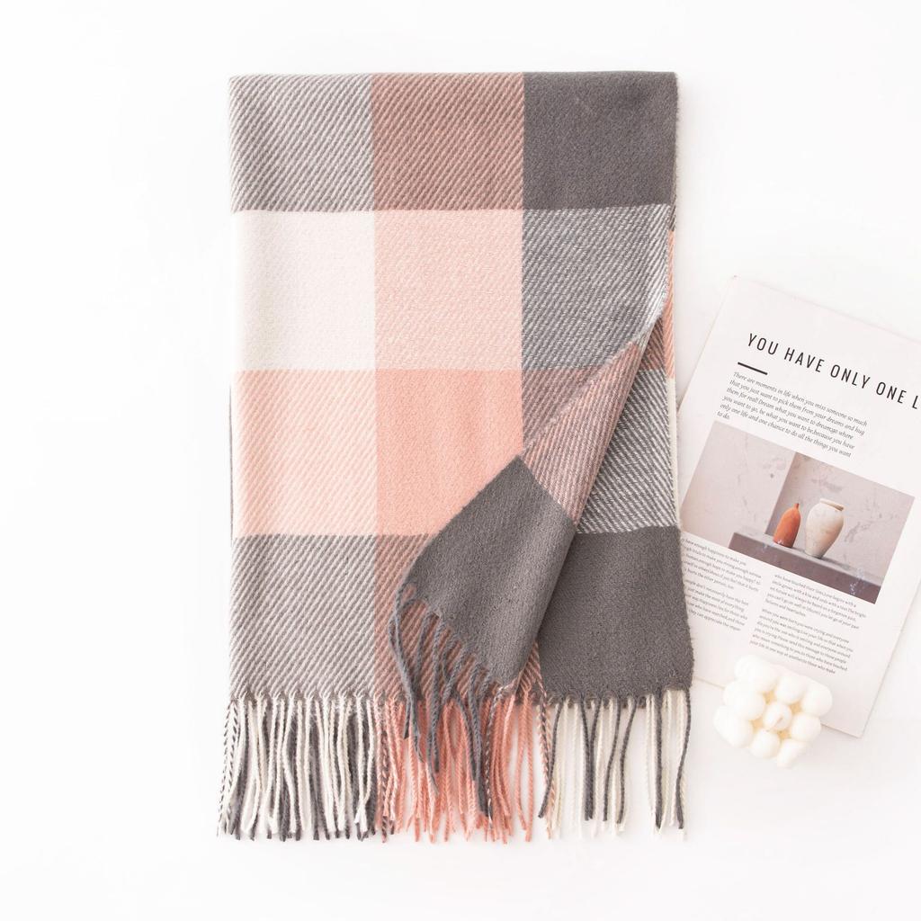 Winter New Plaid Scarf Printed Tassel Imitation Cashmere Scarf Fashionable Sweet Shawl Mid Length Thick Warm Scarf