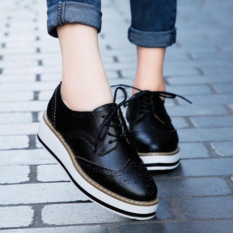 Fashion Women Platform Flats Leather Lace Up Classic Bullock Footwear Female 2025 Spring Autumn Oxford Shoes Plus Size 43 Zapatos Mujer