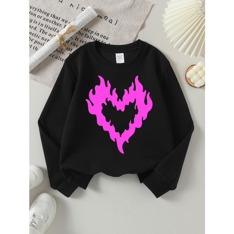 European sizes Girls Pink Flame Heart Crewneck Sweatshirt, Western Style Soft Comfortable Long Sleeved Casual T-Shirt