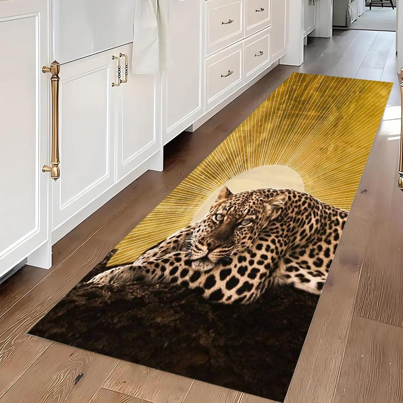 Leopard Pattern Long Runner Rug Vintage Royal Crown Design Artistic Black Panther Non-Slip Kitchen Mat Hallway Entrance Doormat
