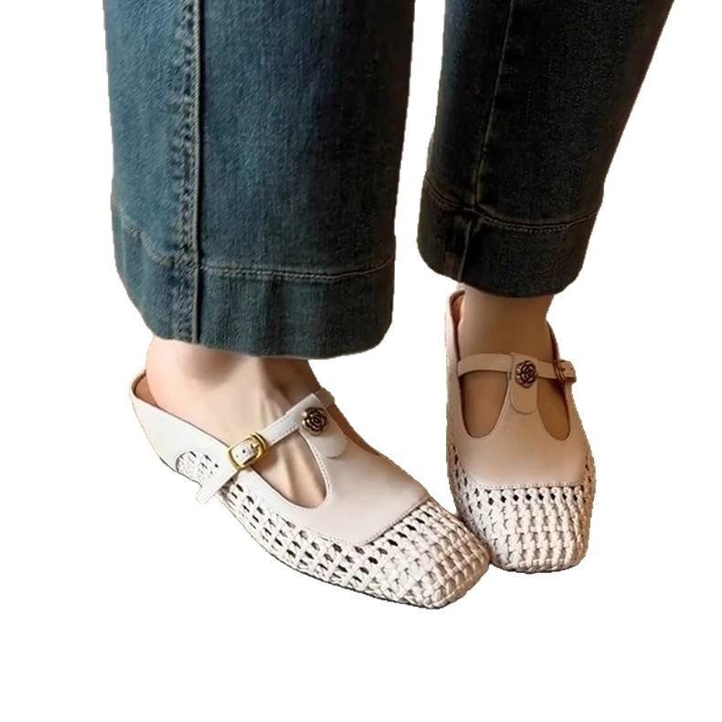 Soft leather version inner height increase cool slippers square head weaving hollow breathable T-buckle with wedge heel sandals women