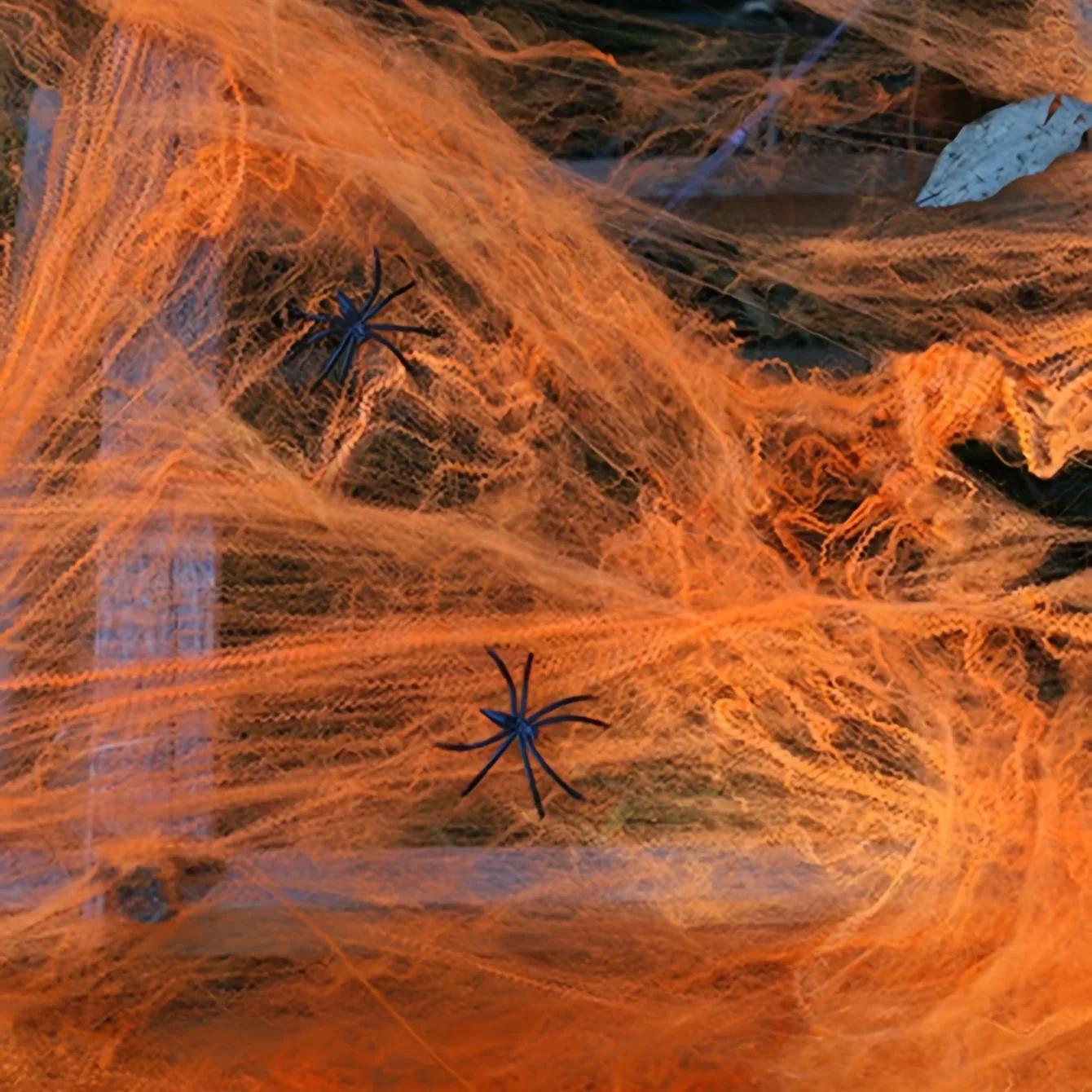 

Украшения для Хэллоуина, искусственная паутина, эластичная паутина, страшная вечеринка, украшение на Хэллоуин для бара, реквизит для сцены дома с привидениями оранжевый