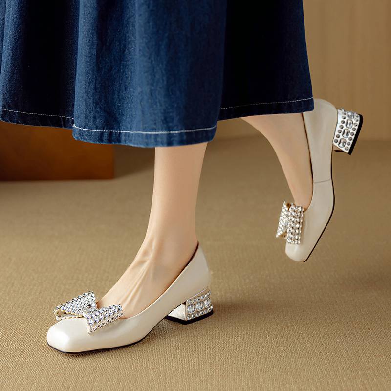 Krazing Pot Cow Skin Summer Size 40 Med Heels Crystal Butterfly-knot Decoration Square Toe Diamond Heels Gladiator Pumps