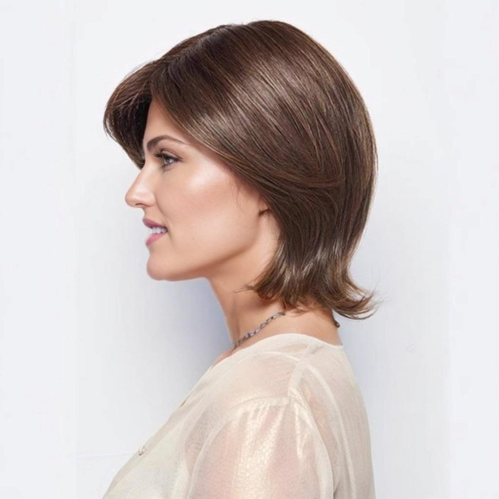 European and American Style Women’s Short Straight Wig Natural Look Side-Parted Fluffy Brown Wig with Bangs