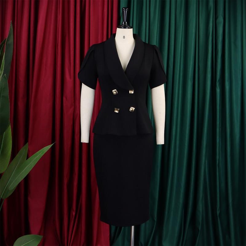 Women Plus Size Turn Down Collar Elegant Casual Two Piece Skirt Suit