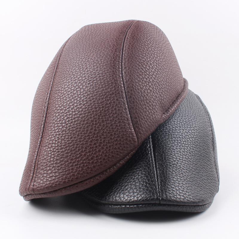 Winter Pu Hat Men'S Fleece Thickened Leather Forward Hat British Style Simple Beret Monochrome Leather Hat