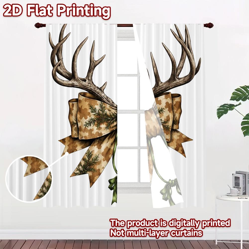 2D FLAT PRINTING 2pcs Curtains (Without Rod) Christmas Antler Ribbon Bow Chic Curtain Cloth Versatile Polyester Fabric Curtains