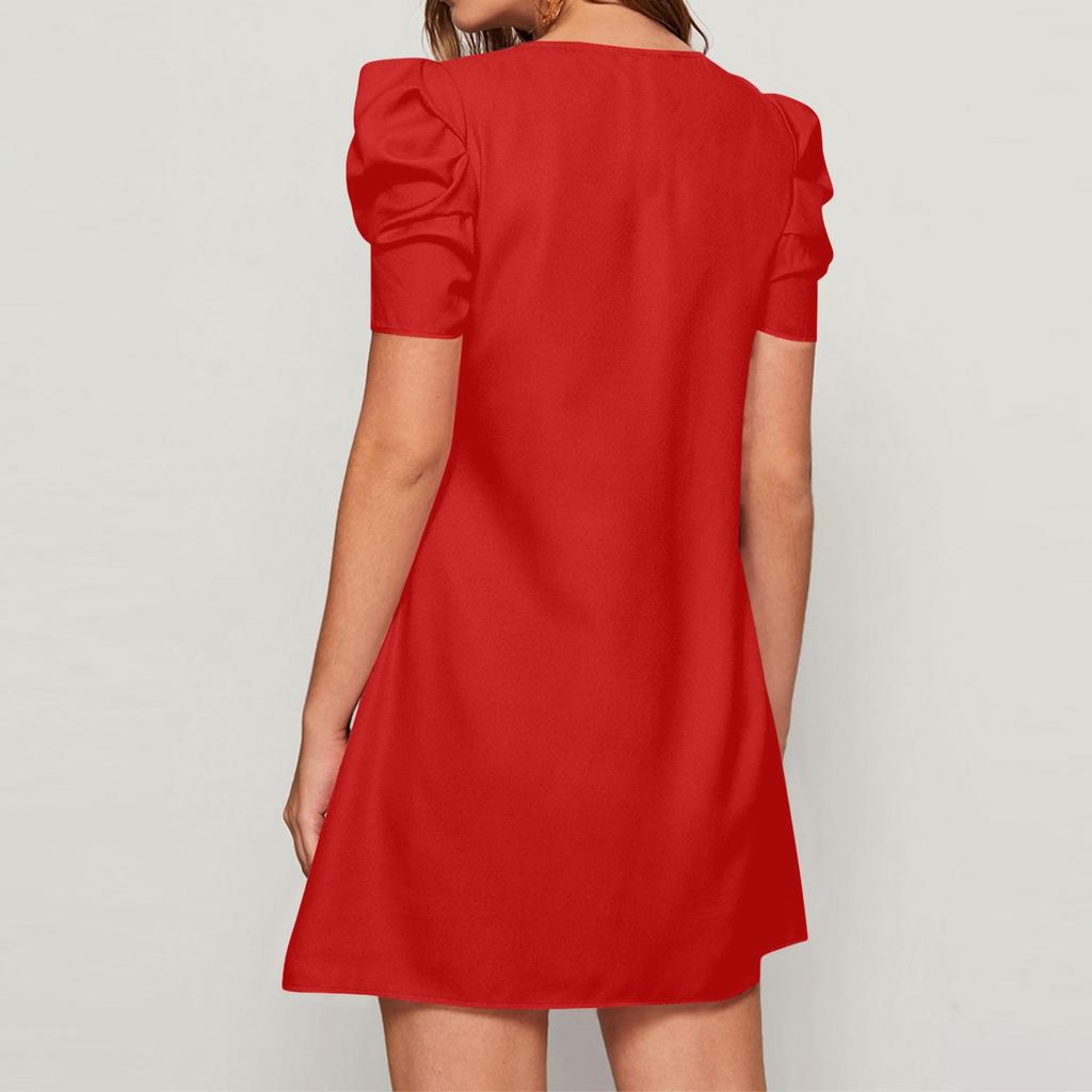 Women's Fashionable Temperament Solid Color Round Neck Short Sleeved Dress