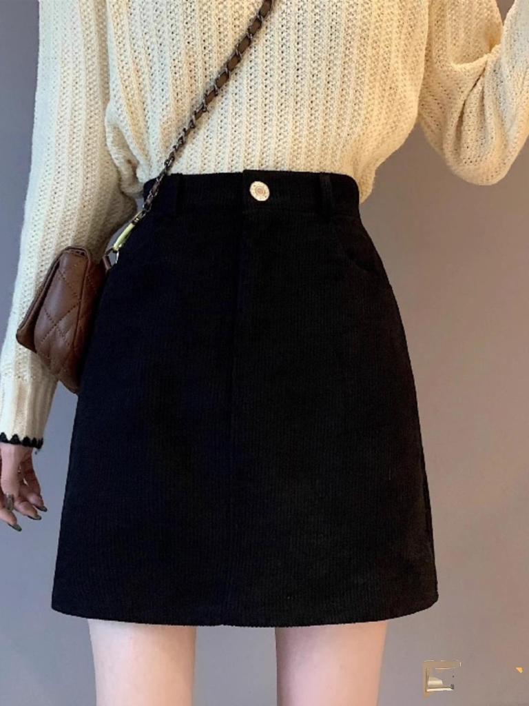 2024 Autumn/Winter Women's Corduroy High Waist Bodycon A-line Midi Skirt, Slimming and Petite Fit