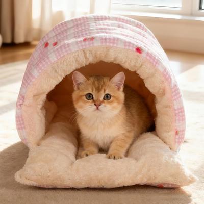 Semi-Enclosed Cat Bed With Removable Pad Winter Pet Sleeping Bed Soft Hooded Cat Bed For Home Bedroom Balcony Apartment