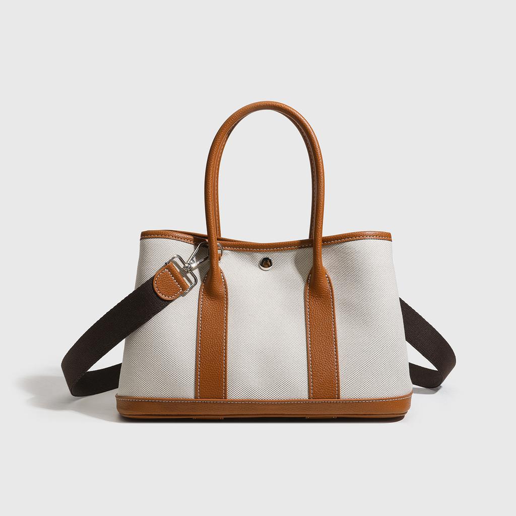 Canvas with Cowhide Handbag, High-end Sense, Large-capacity Contrasting Color Shoulder Tote Bag.