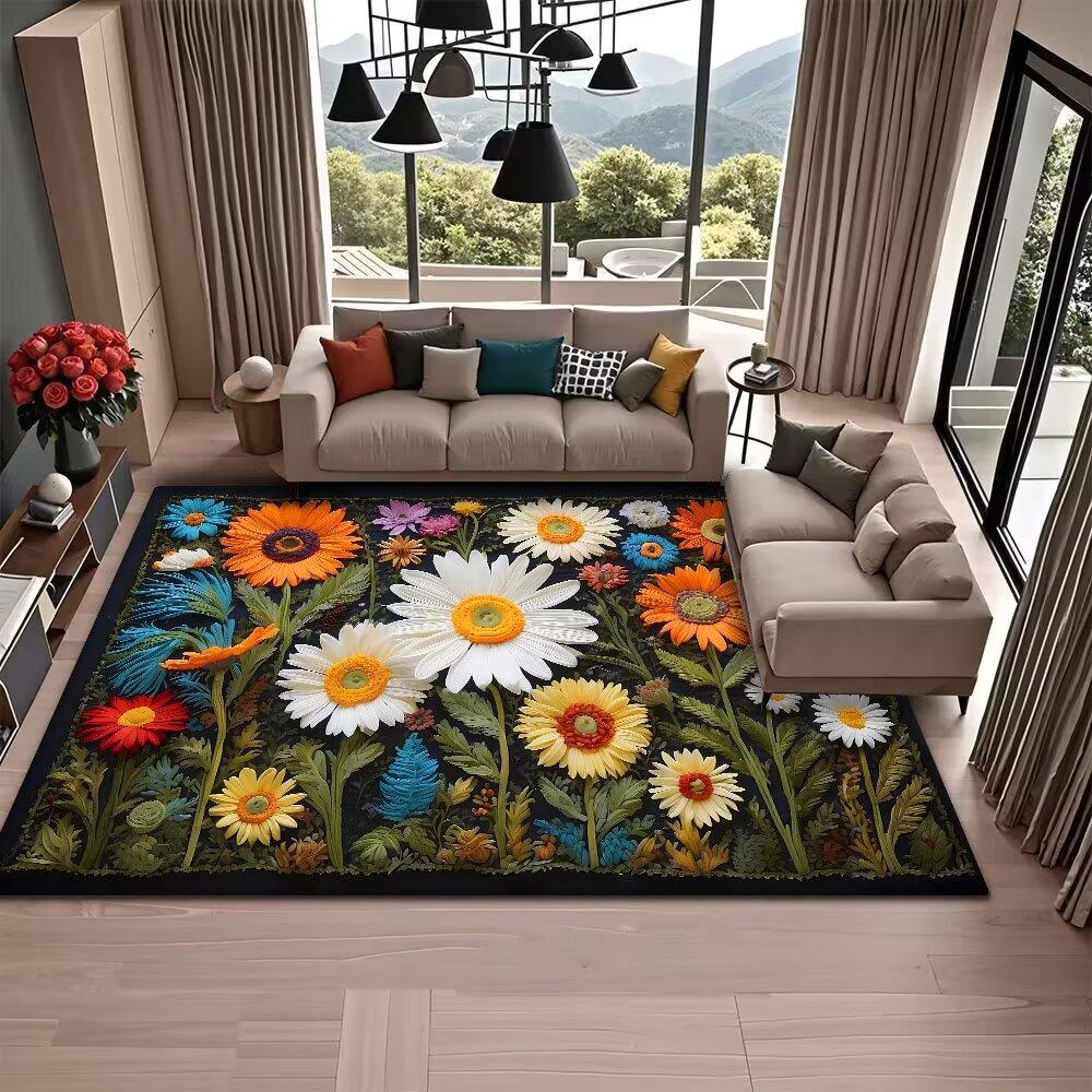 American Style Retro Flower Living Room Carpet Sunflower Decoration Coffee Tables Fluffy Rugs Dining Room Aesthetic Floor Mat