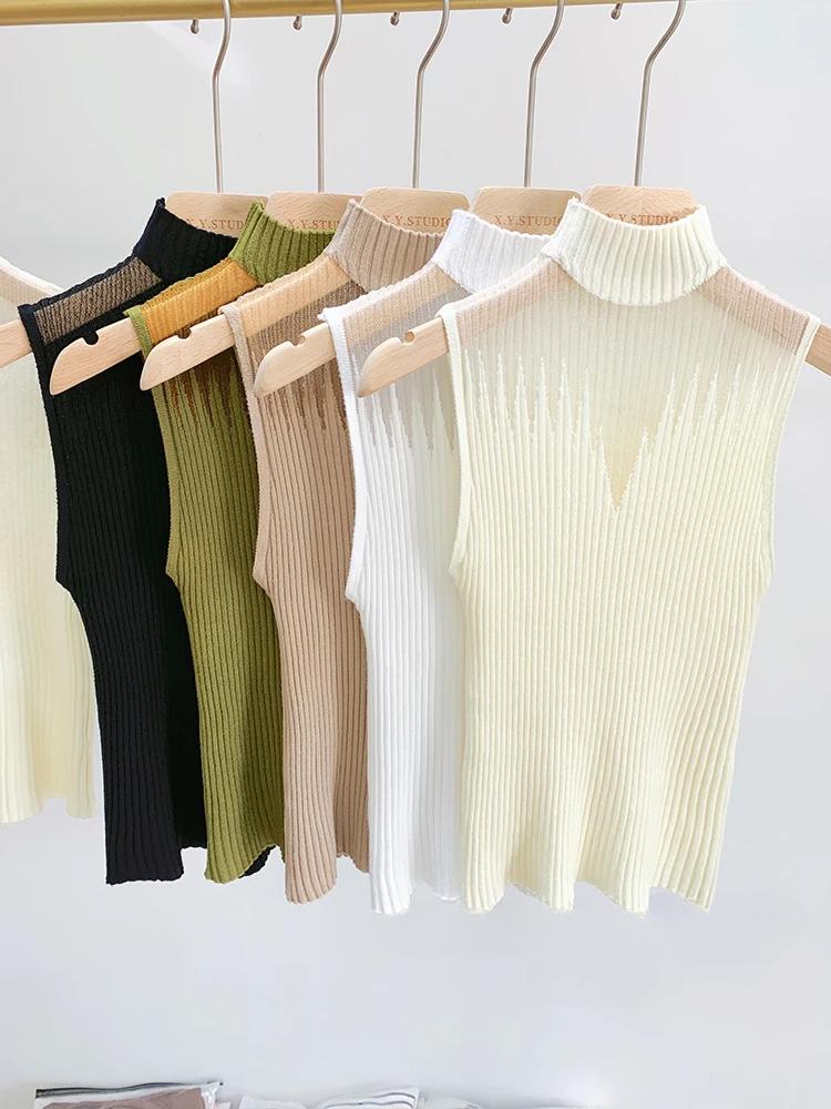 Mesh Knitted Top Women Y2K Tank Top Half Neck Vest Female Sleeveless Sweater Chic Cut Out Streetwear Solid Skinny White Tube Top