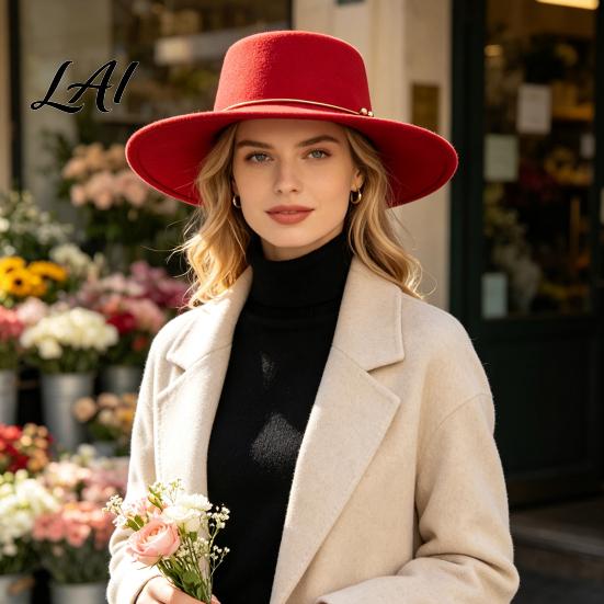 Sophisticated Daily Commuting Hat Retro Flat Top Hat Wool Felt Pork Pie Bowler with Outdoor Metal Ring Wide Brim Trilby for Women Men Autumn Winter
